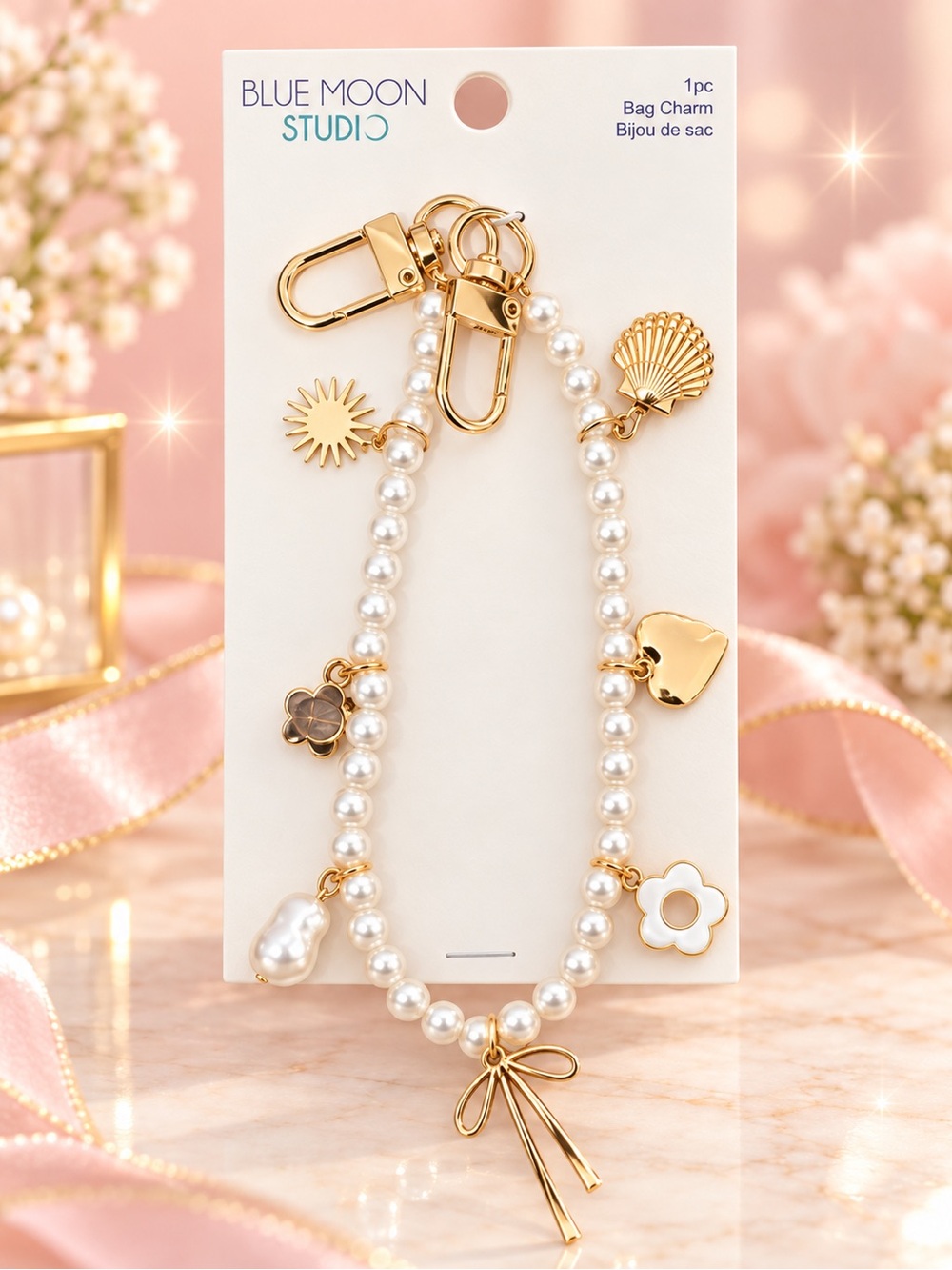 Gold & White Pearl Charm Bag Chain